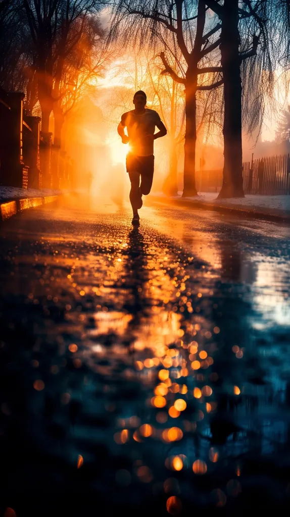The image captures a lone runner silhouetted against a vibrant sunrise. The runner is moving towards the viewer on a wet street, with the morning light reflecting off the puddles in a shimmering spectacle. The scene is filled with a sense of peace and tranquility, as the runner seems to be enjoying the solitude of their early morning run. The trees lining the street add to the picturesque ambiance, their silhouettes stark against the golden glow of the rising sun. The warm tones of the sunrise contrast beautifully with the cool blue of the wet pavement, creating a visually striking and evocative image.