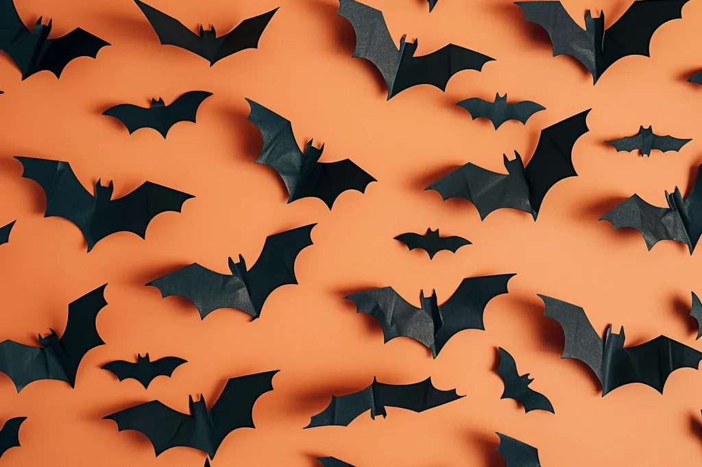 The image is a close-up of a bright orange background with numerous black paper bats of varying sizes scattered across it. Some of the bats have their wings outstretched, while others have their wings folded. The image is simple yet festive, creating a spooky and playful atmosphere for Halloween.