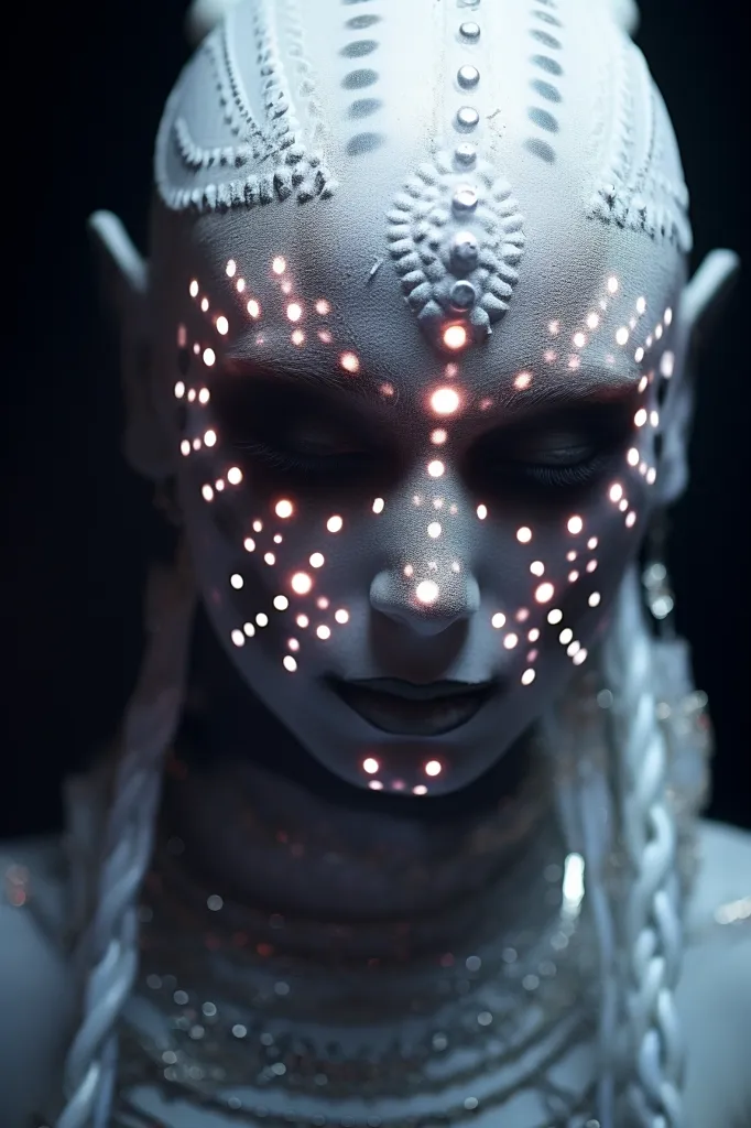 The image shows a person with white paint on their face and body, adorned with a pattern of glowing dots. They are wearing a necklace and have long white hair. Their eyes are closed, and they have a serene expression. The image has a dark, mysterious atmosphere and evokes a sense of otherworldly beauty.