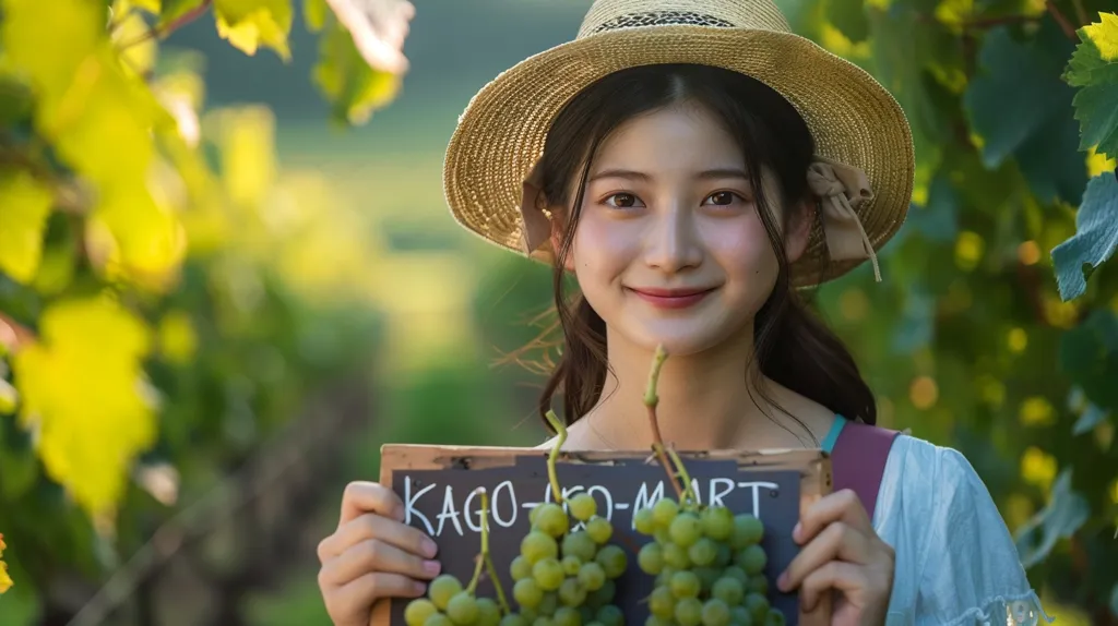 A young woman with long dark hair, wearing a straw hat and a light blue dress, smiles while holding a chalkboard with "KAGO-KO-MART" written on it.  Bunches of green grapes are placed in front of the chalkboard. The background is a blurred image of a vineyard with green leaves. The photo captures the sweet and simple beauty of the countryside.