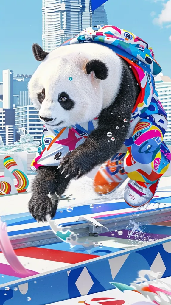 A panda wearing a colorful, abstract patterned outfit is snowboarding down a ramp. The panda is in mid-air, with its paw extended towards the camera. The background is a city skyline, with tall buildings and a blue sky. The image is full of vibrant colors and movement, creating a sense of energy and excitement.