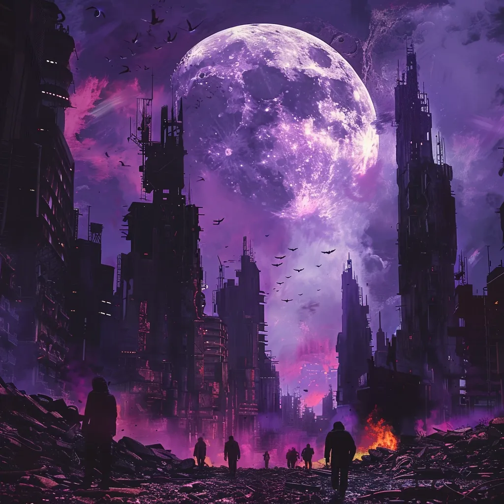 A desolate, futuristic cityscape is bathed in an ethereal purple light emanating from a massive, full moon. The city is a labyrinth of towering structures, some crumbling and dilapidated, with a sense of abandonment and decay. A group of figures silhouetted against the moonlit sky,  move through the debris, creating a sense of mystery and intrigue. The overall atmosphere is one of loneliness and desolation, with a hint of impending doom.