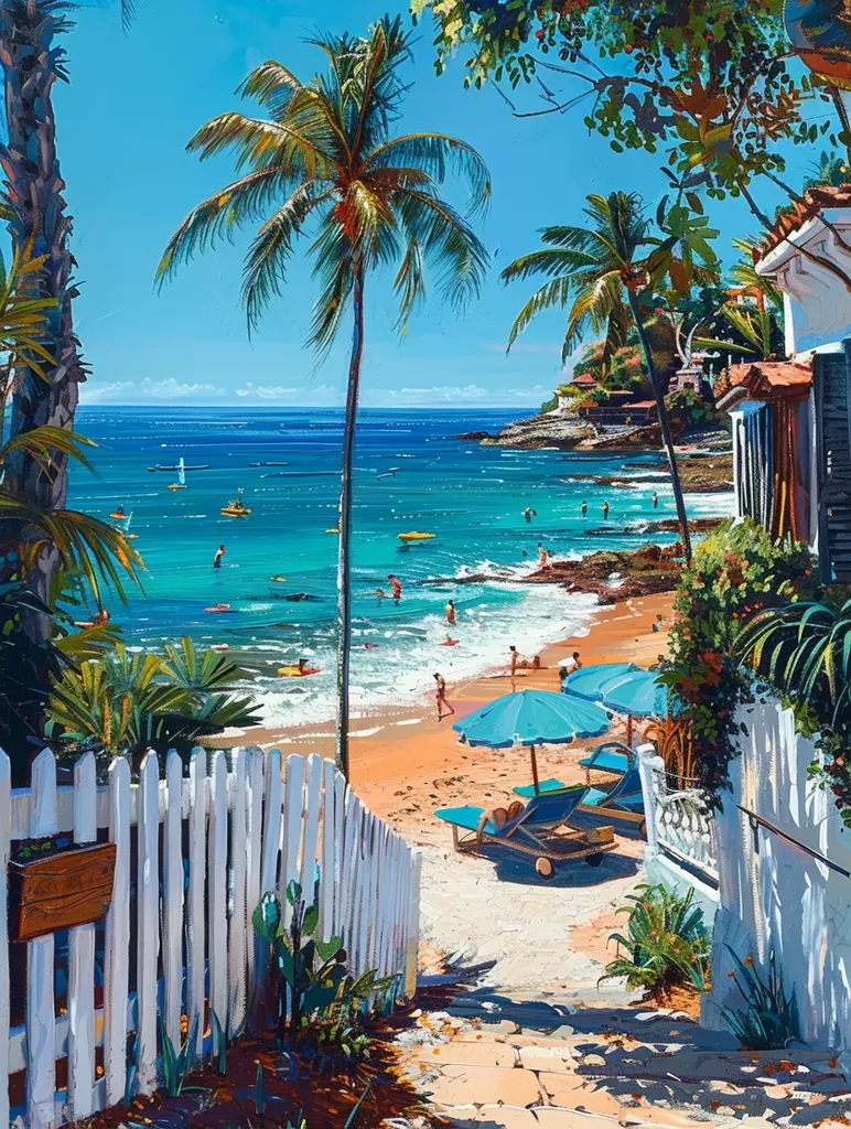 A picturesque tropical beach scene with crystal clear turquoise water and white sandy beaches. Tall palm trees line the shore, their shadows stretching across the sand. A white picket fence leads down to the beach, providing a glimpse of the idyllic paradise.  A few people can be seen enjoying the warm sunshine and the refreshing water. The scene is painted in a vibrant and colorful style, capturing the essence of a tropical getaway.