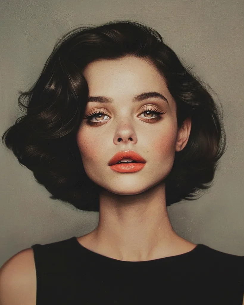 The image depicts a woman with short, dark hair styled in soft curls. She is looking directly at the viewer with a neutral expression. Her makeup is subtle with defined eyebrows, light eyeshadow, and a bold orange lipstick. The woman is wearing a simple black sleeveless dress, creating a classic and elegant aesthetic.  The background is a muted beige, allowing the subject to be the focal point. The image has a soft, vintage feel.