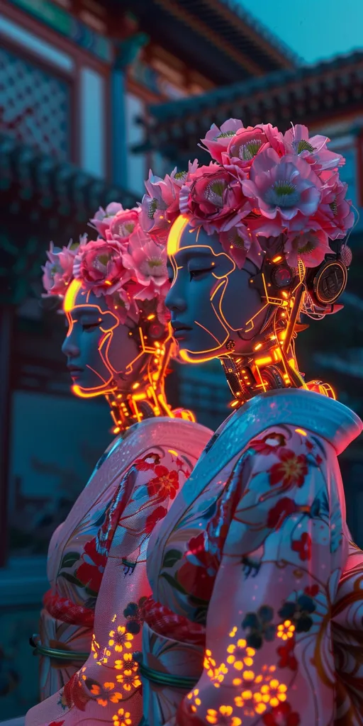 Two androids, wearing floral headbands and traditional Japanese kimonos with glowing accents, stand side by side. Their faces are androgynous, with intricate circuitry visible beneath their skin. The background is a blurred, nighttime scene of a building with ornate details. The image evokes a futuristic, cyberpunk aesthetic.