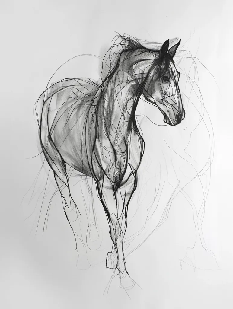 The drawing is of a horse rendered in charcoal. The artist has used bold strokes to create a sense of movement and energy, capturing the horse's dynamic form. The lines overlap and intersect, creating a sense of depth and dimension. The horse is depicted in profile, its head turned slightly towards the viewer, its mane flowing. The background is a simple white, emphasizing the horse as the central focus.  The artist's style is expressive and gestural, highlighting the graceful anatomy of the horse.