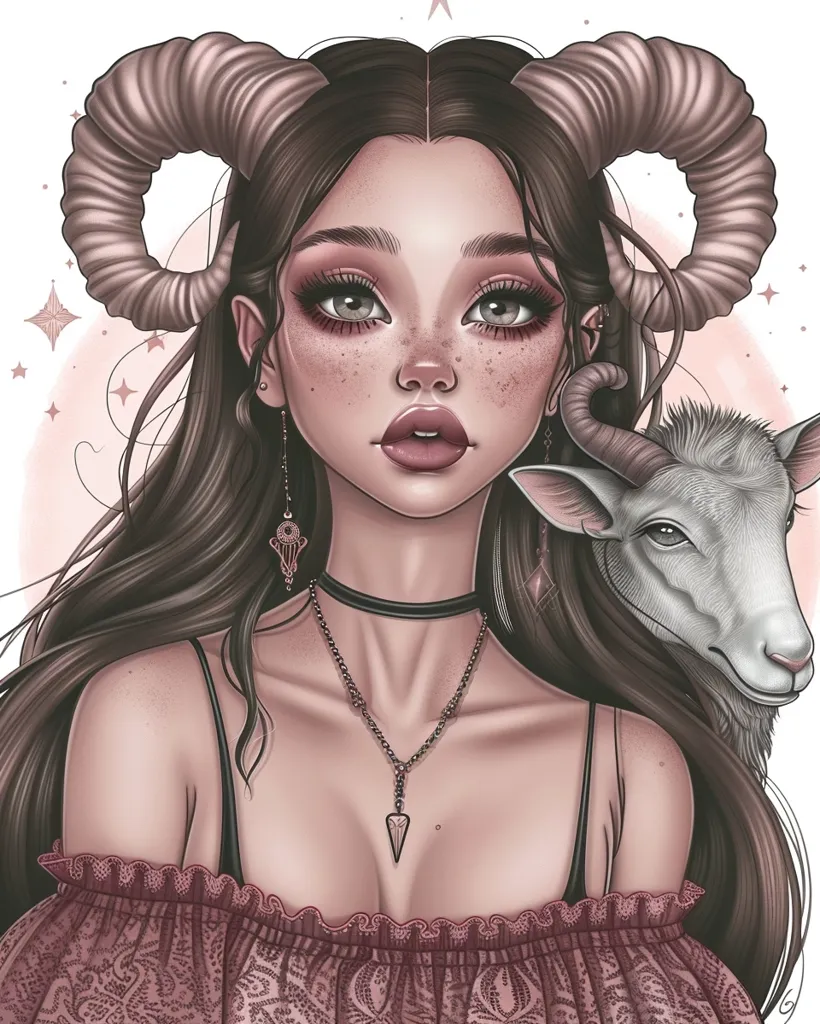 The illustration depicts a woman with long, flowing brown hair and large, expressive eyes. She is wearing a pink and white dress with a delicate lace design. Her features are soft and feminine, and she has a delicate, feminine look. She is adorned with horns and a goat, which are symbolic of the zodiac sign Capricorn. The background is a soft, pastel pink with scattered stars. The image is both beautiful and whimsical, conveying a sense of mystery and enchantment.