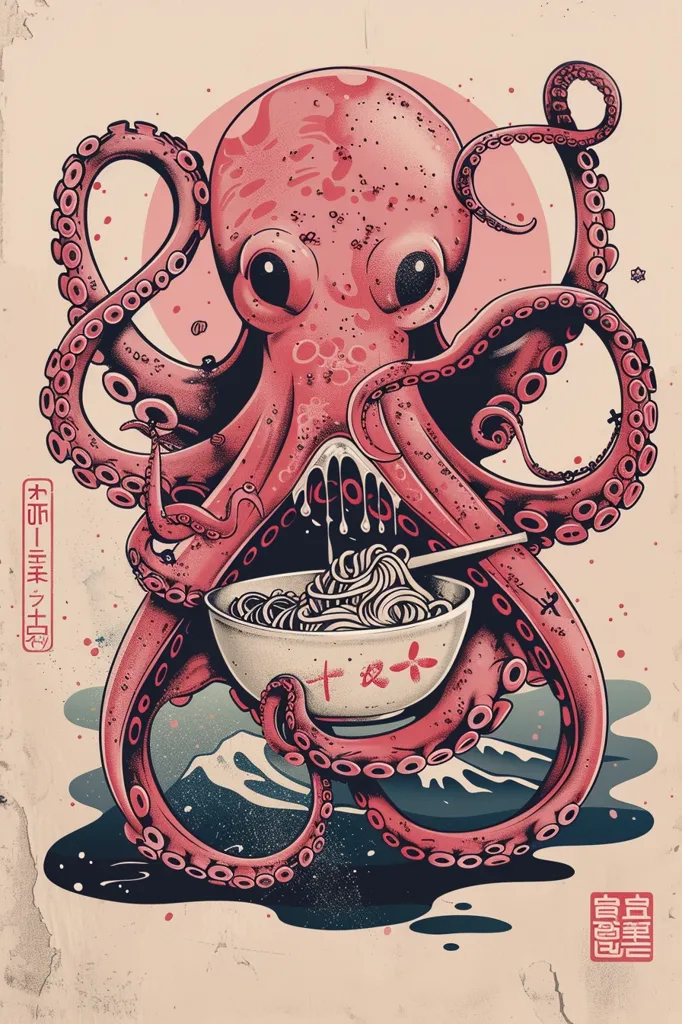 A pink octopus with large, expressive eyes holds a bowl of noodles with its tentacles. The octopus is depicted against a stylized background with a hint of Mt. Fuji and waves.  A Japanese symbol is inscribed on the bowl, adding a traditional touch. The illustration is done in a graphic style with vibrant colors.