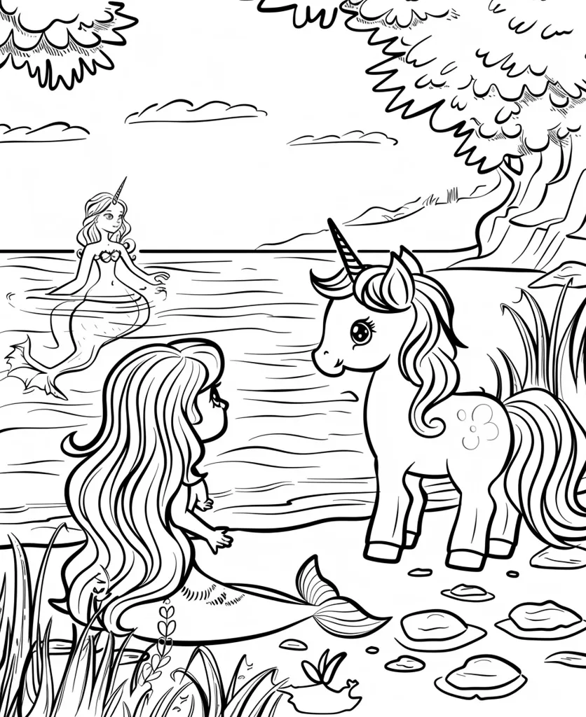 The image is a black and white illustration of a mermaid and a unicorn meeting by a lake. The mermaid has long flowing hair and a fish tail. She is sitting on a rock and looking at the unicorn. The unicorn has a long flowing mane and a horn on its forehead. It is standing on the shore of the lake and looking at the mermaid. The background of the image is a forest with trees and bushes. There are also some clouds in the sky. The illustration is very detailed and has a whimsical feel.