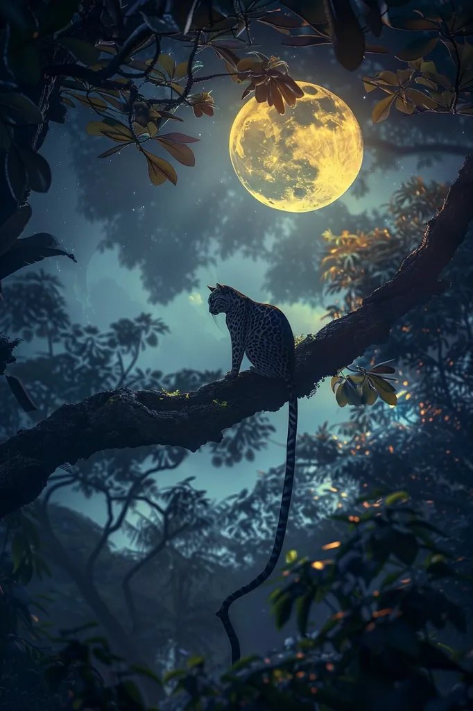 A lone leopard sits on a branch in a jungle at night, illuminated by the full moon. The scene is peaceful and serene, with the leopard’s silhouette standing out against the bright moon. The jungle is dense and dark, with leaves and branches silhouetted against the moonlit sky. The image evokes a sense of mystery and tranquility.