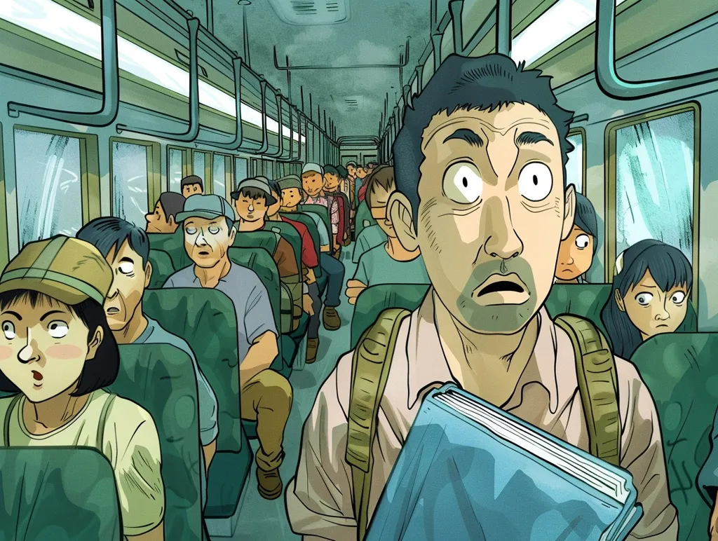 The image depicts a crowded train car with passengers sitting on both sides. A man in the center, holding a blue book, is staring with wide eyes, seemingly startled. The other passengers are mostly looking away or at their phones. The overall atmosphere is tense and uneasy.