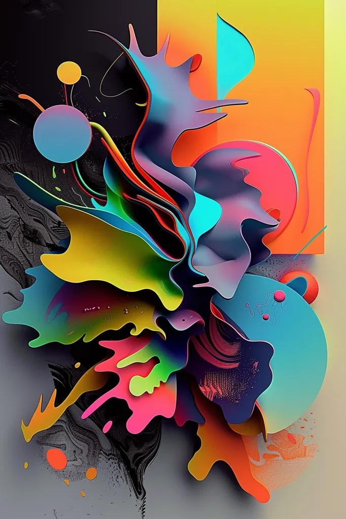 The abstract image is a colorful explosion of shapes and forms. The vibrant colors, including purple, yellow, blue, red, and green, create a dynamic and energetic feel. The shapes appear to be layered and overlapping, adding depth and complexity to the composition. The overall effect is a chaotic and mesmerizing visual experience.