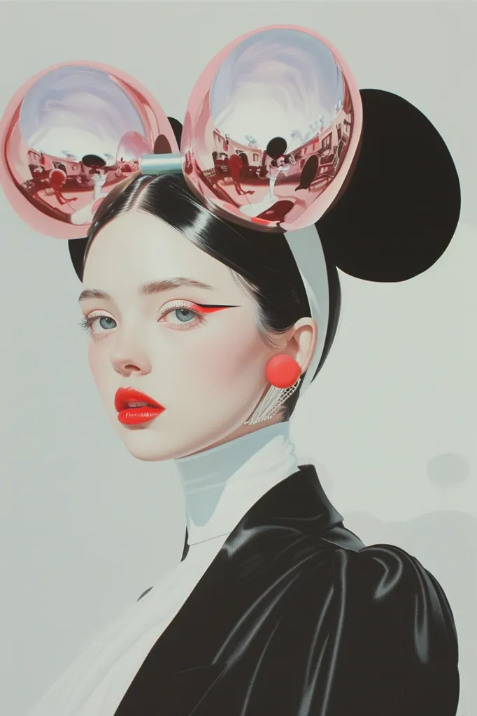 The image depicts a woman with a striking black and white ensemble and bold red lips.  She wears a large, whimsical pair of Mickey Mouse ears, the rounded orbs of which reflect a cityscape. The woman's dark hair is pulled back, highlighting her delicate features. The overall mood is stylish and whimsical, a blend of playful and elegant.  The composition, with the woman looking directly at the viewer, creates a sense of captivating confidence.