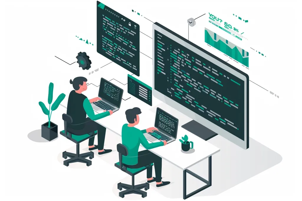 Two programmers are working on a project. They sit at a white desk with laptops and a large monitor. The monitor and laptops are all displaying code. One programmer has a green plant beside him and a cup of coffee. The image represents a modern, collaborative coding environment.