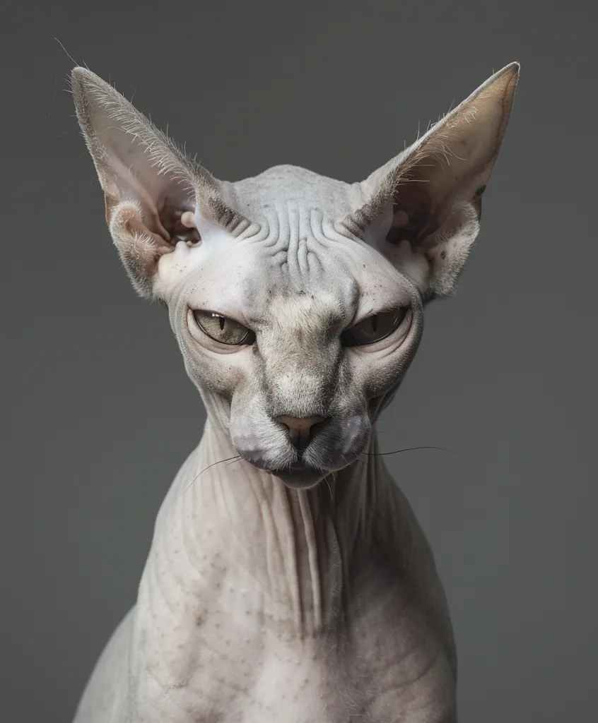 A hairless Sphynx cat with large, prominent ears and piercing green eyes stares intently at the camera. Its wrinkled skin gives it a unique and almost alien appearance. The cat's expression is serious and focused, suggesting a thoughtful or even slightly mischievous personality.  The background is a simple, muted grey, which accentuates the cat's distinctive features.