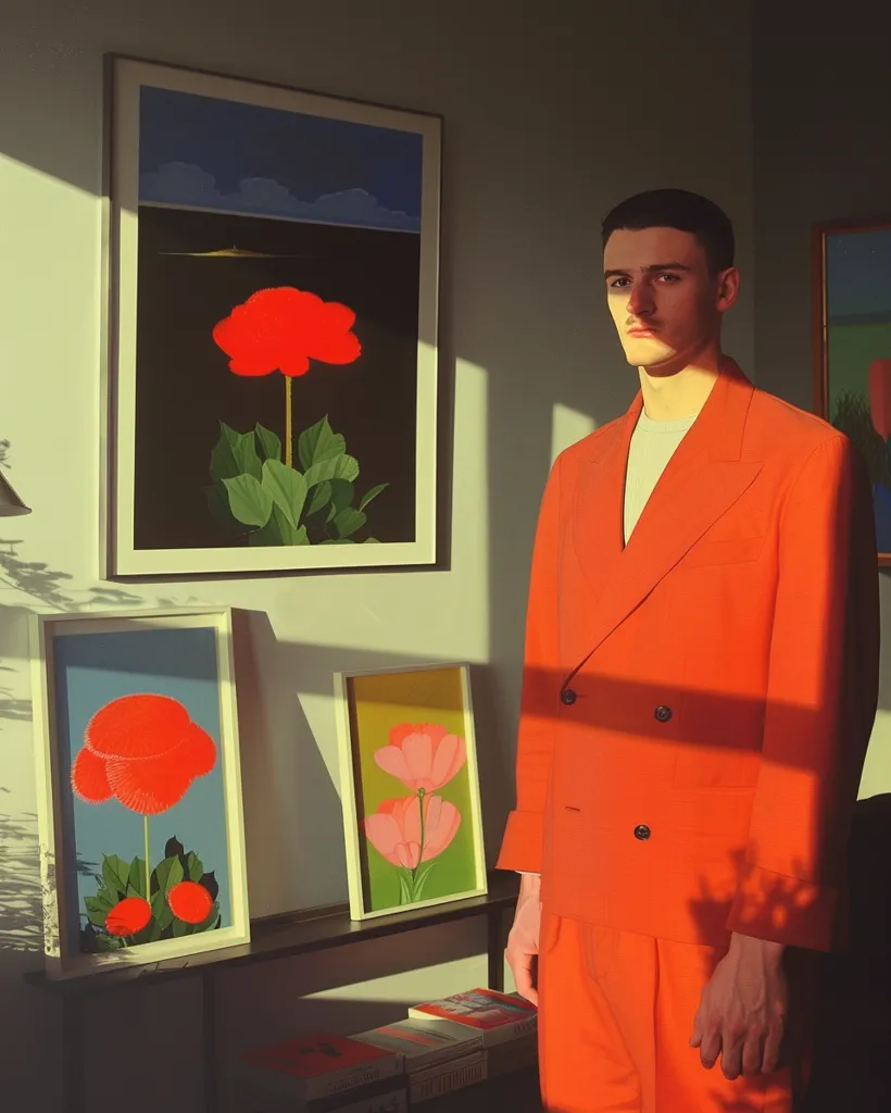 A man in a bright orange suit stands in a room bathed in sunlight. Three framed pictures of red and pink flowers are on the wall behind him. One picture is large and the other two are smaller. The room is minimally decorated with a shelf below the pictures holding a stack of books.  The man has short dark hair and is looking straight at the camera.  His expression is neutral. The image is well-lit and sharp.  The colors are vibrant and contrasting.