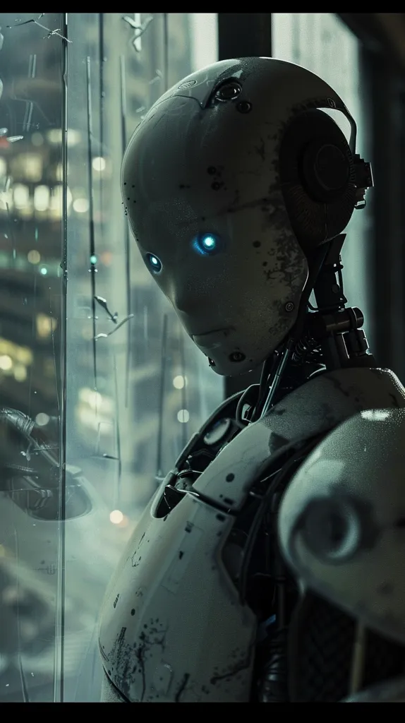 A robot with a white, metallic body stands facing a window. Its head is tilted slightly, and it has large, blue eyes. The robot's body is covered in details and wires, hinting at its complex internal workings. The backdrop is a blurry cityscape, reflecting the robot's presence in an urban environment.