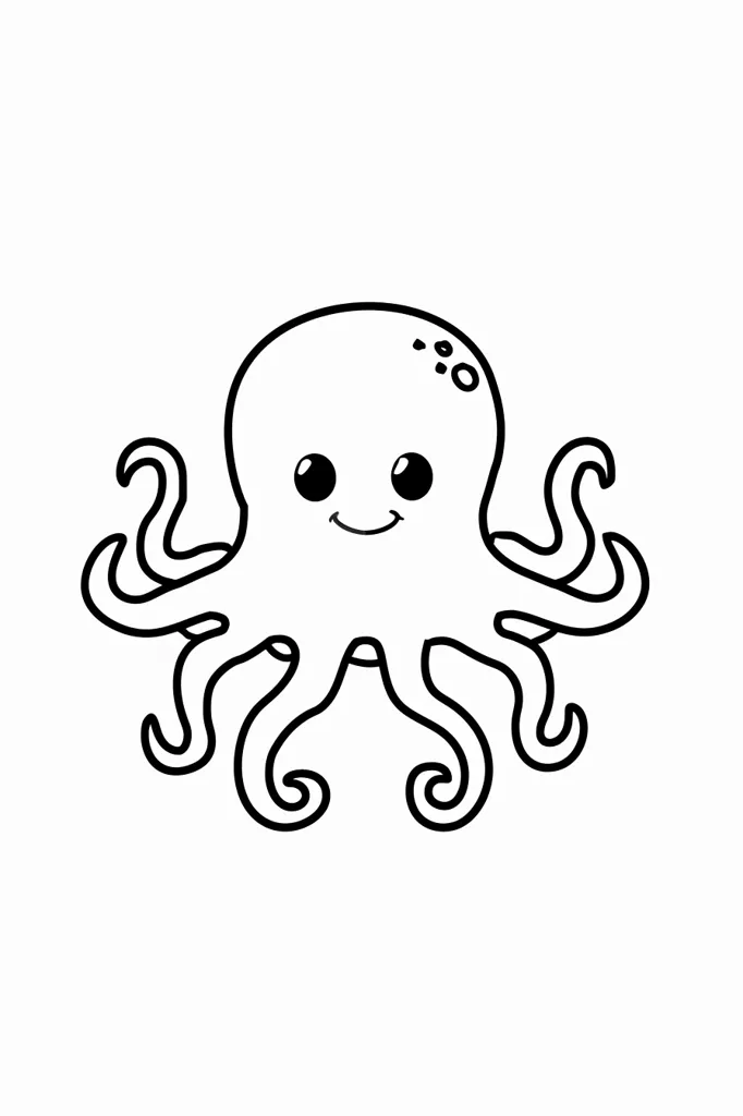 The image is a line drawing of a smiling octopus. It has a round head with large eyes, a small mouth, and eight tentacles that are curled at the ends. The octopus is drawn in a simple, cartoon style. It is a black and white image, with no background. It would be suitable for a child's coloring book or as a simple illustration.