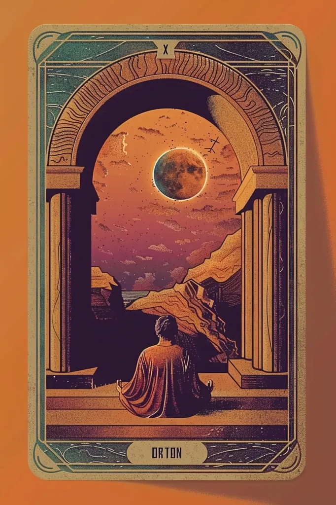 The image depicts a tarot card with a person sitting in a meditative pose within a stone archway. The sky above is an orange and pink gradient, with a large, red moon in the center. The image is stylized with a textured, almost pixelated, quality. The card has a gold border and the word "ORTON" inscribed on the bottom.