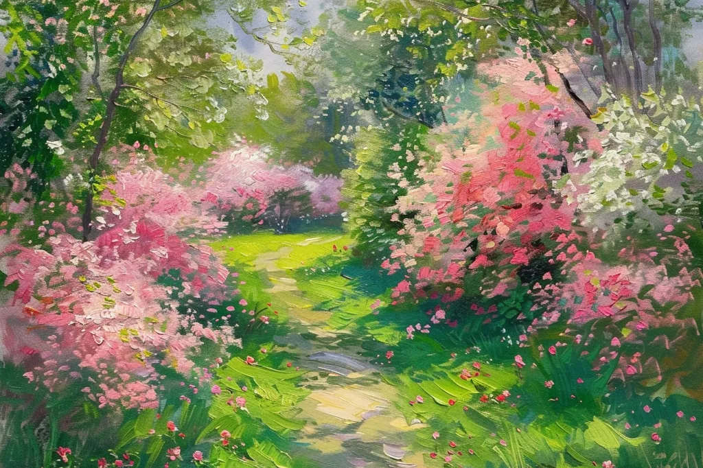 A winding path leads through a lush, blooming forest. Vibrant pink flowers, possibly cherry blossoms, create a carpet of color on either side of the path. The sunlight filters through the leaves, casting dappled shadows on the verdant ground. A sense of tranquility and beauty pervades the scene.