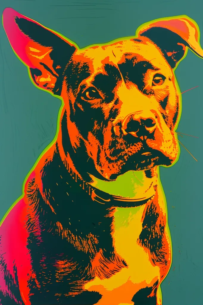 The image shows a close-up portrait of a dog, likely a pit bull, with a vibrant color palette. The dog's fur is depicted in a mix of orange, yellow, and red hues, while its face features bold black lines for its features. The background is a muted teal green, providing a stark contrast to the dog's bright colors. The dog's expression is attentive and slightly serious, with its large, dark eyes focused on something outside the frame. The overall effect is a striking and stylized depiction of a dog.