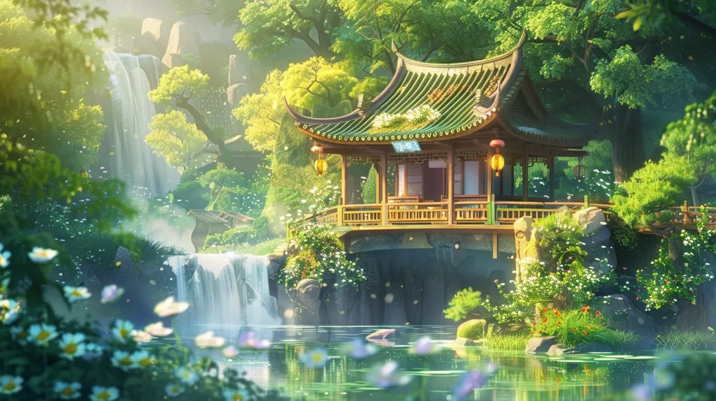 The image depicts a serene and picturesque scene of a traditional Chinese pavilion nestled amidst lush greenery, overlooking a tranquil pond and cascading waterfall. The pavilion, with its intricate roofline and vibrant red lanterns, seems to float on a bridge over the water, creating a sense of peace and tranquility. The surrounding foliage, vibrant and verdant, adds to the natural beauty of the scene. Soft sunlight bathes the scene, casting a warm glow on the landscape and further enhancing the idyllic atmosphere.