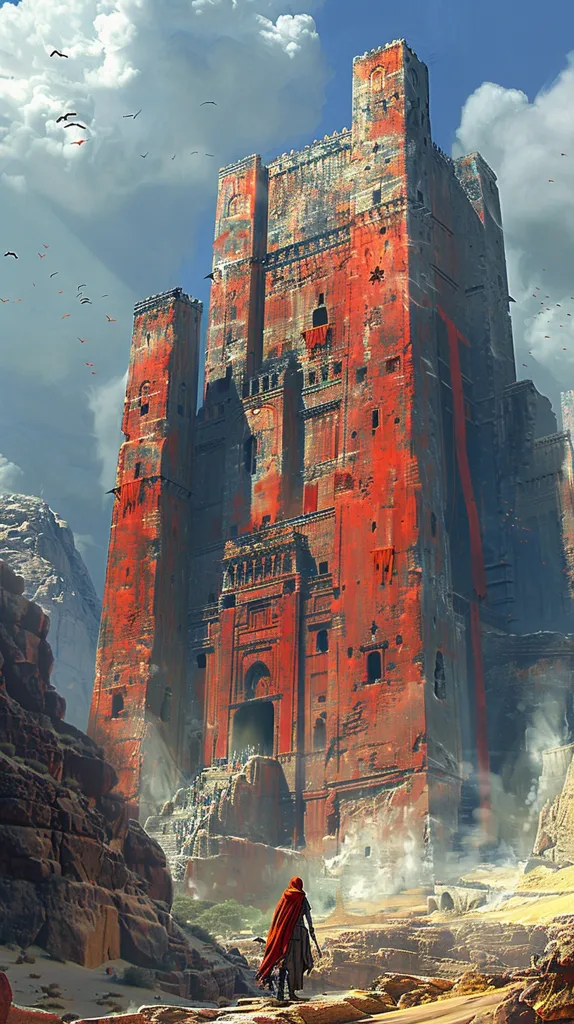A towering, red-brick castle stands against a cloudy sky. The castle is weathered and worn, with crumbling walls and a large, open entrance. A single figure in a red cloak stands in the foreground, dwarfed by the structure. The scene is desolate and atmospheric, suggesting a place of great age and power.