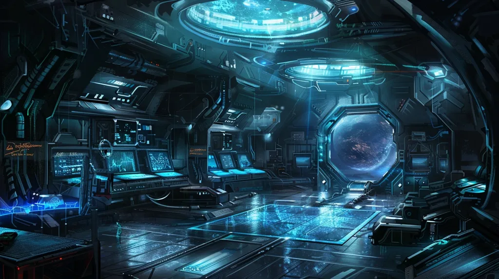 The image depicts a futuristic spaceship interior, dominated by dark grey metallic surfaces and glowing blue lights. The room is filled with advanced technology, including computer consoles with intricate interfaces and a large viewing port showcasing a distant planet. A sense of technological advancement and awe is conveyed by the image.