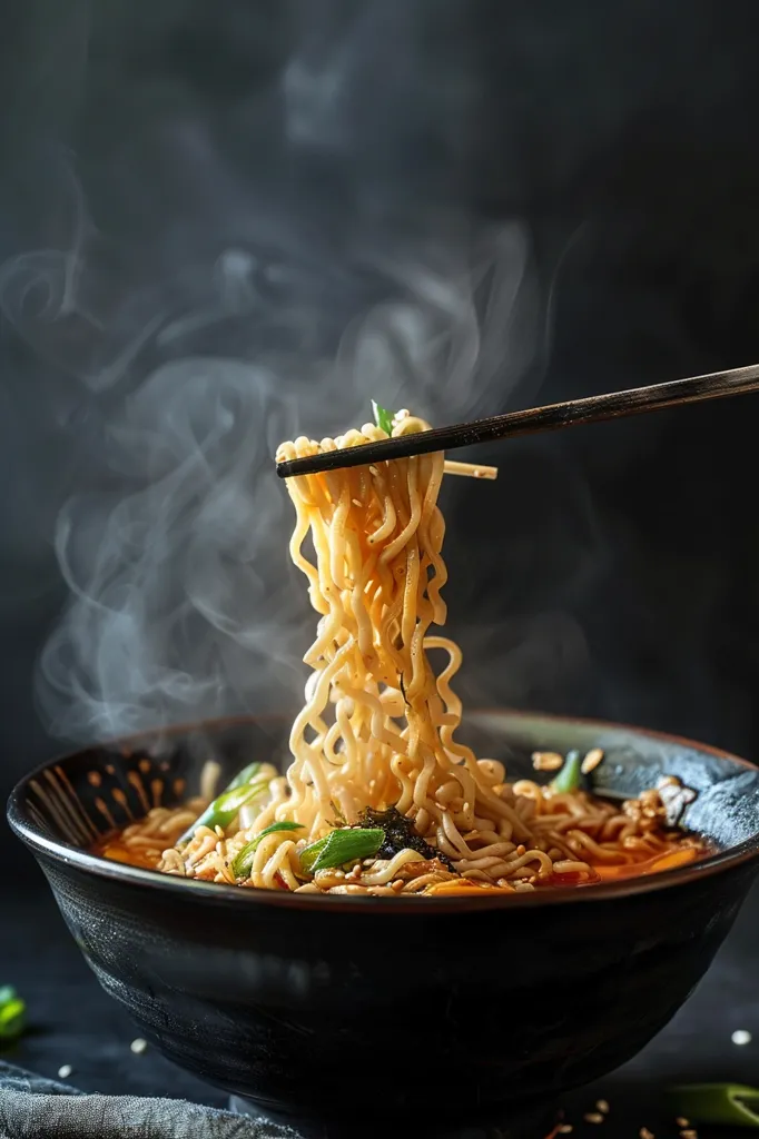 A steaming bowl of ramen noodles is held up by chopsticks. The noodles are golden brown and the broth is red and spicy. The smoke from the bowl creates a wispy, ethereal effect.  The chopsticks are wooden and have a simple design. The bowl is black and has a traditional, rustic look.  The image is inviting and appetizing, showcasing the steaming, savory goodness of ramen.