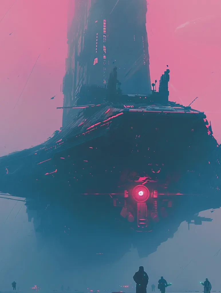 A large, dark spaceship hovers over a desolate, foggy landscape. The spaceship has a glowing red eye and is shaped like a long, flat cylinder with a tall, narrow tower at the front.  A group of figures stand in the foreground, looking up at the ship. The sky is a hazy, pink color.