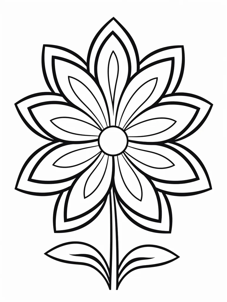 The image is a black and white outline drawing of a flower. It has a large, circular center with multiple petals that are layered and rounded. There is a single stem with two leaves at the bottom. The flower is simple and stylized, with a focus on the shape and form of the petals. It is a classic and elegant design that would be perfect for coloring or decorating.