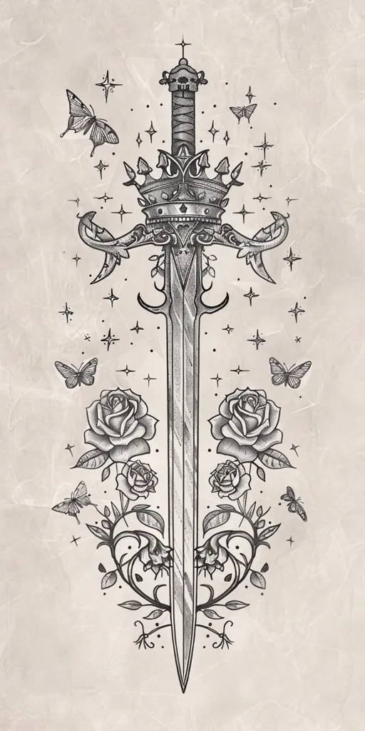 A detailed line drawing of a sword with a crown on its hilt. The sword is surrounded by a floral design featuring roses, leaves and small butterflies. It is set against a textured background with small stars. The image is a stylized and romantic depiction of a weapon.