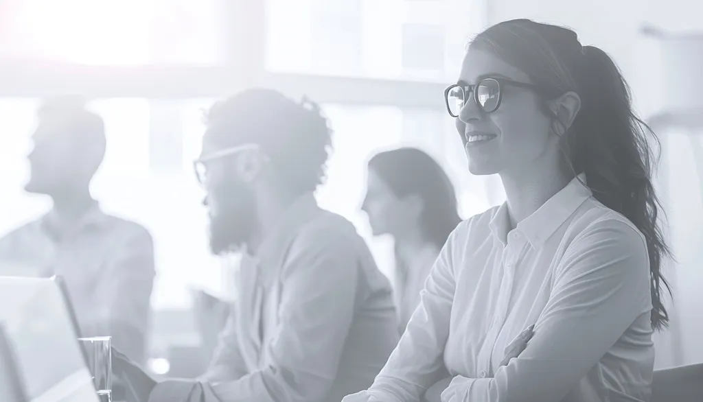 A woman with long dark hair and glasses is sitting in an office setting, looking off to the side. She is wearing a white button-up shirt and has a relaxed, confident expression. Two other people are out of focus in the background. The image is in black and white and has a soft, light aesthetic.
