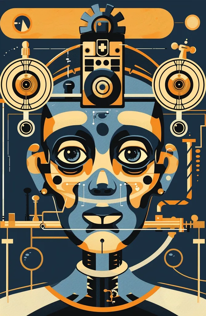 The image is a digital illustration of a stylized human face with a futuristic, robotic aesthetic. The face has large, expressive eyes, a geometric nose, and a slightly open mouth. The face is adorned with intricate, detailed circuitry and mechanical elements, suggesting a fusion of biology and technology. The background is a vibrant blue with geometric shapes and patterns, further emphasizing the technological theme. The overall style is a blend of vintage futurism and modern graphic design.