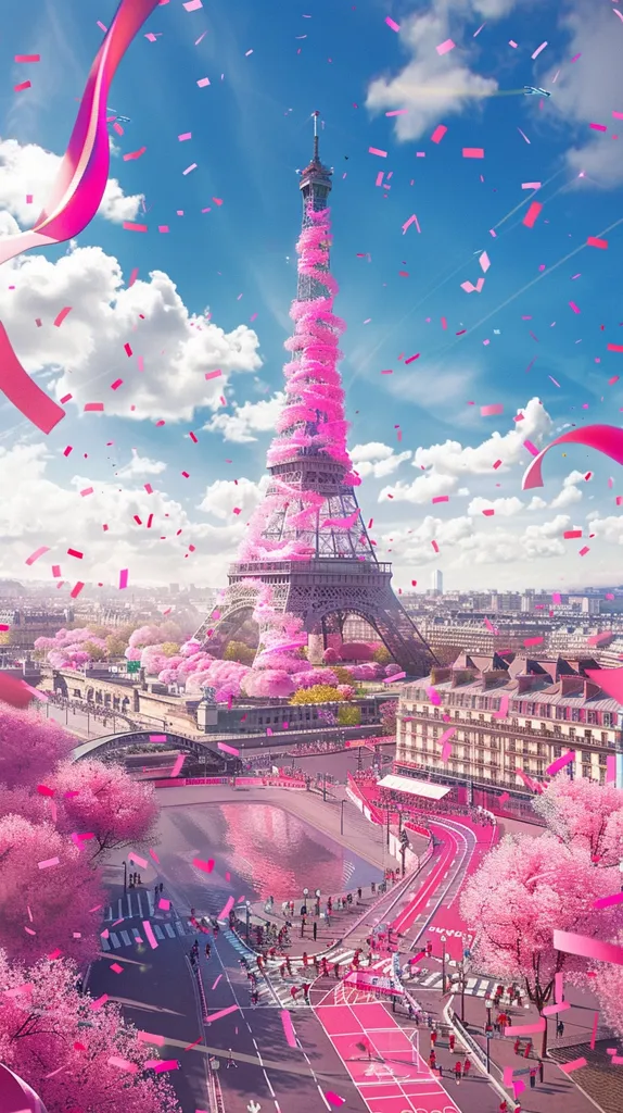 The Eiffel Tower is adorned in pink flowers, with pink confetti raining down from a blue sky. The tower is surrounded by a city, and a pink path winds through it. People are walking along the path, and there are trees in bloom. The scene is beautiful and whimsical, and it is a celebration of love and joy.
