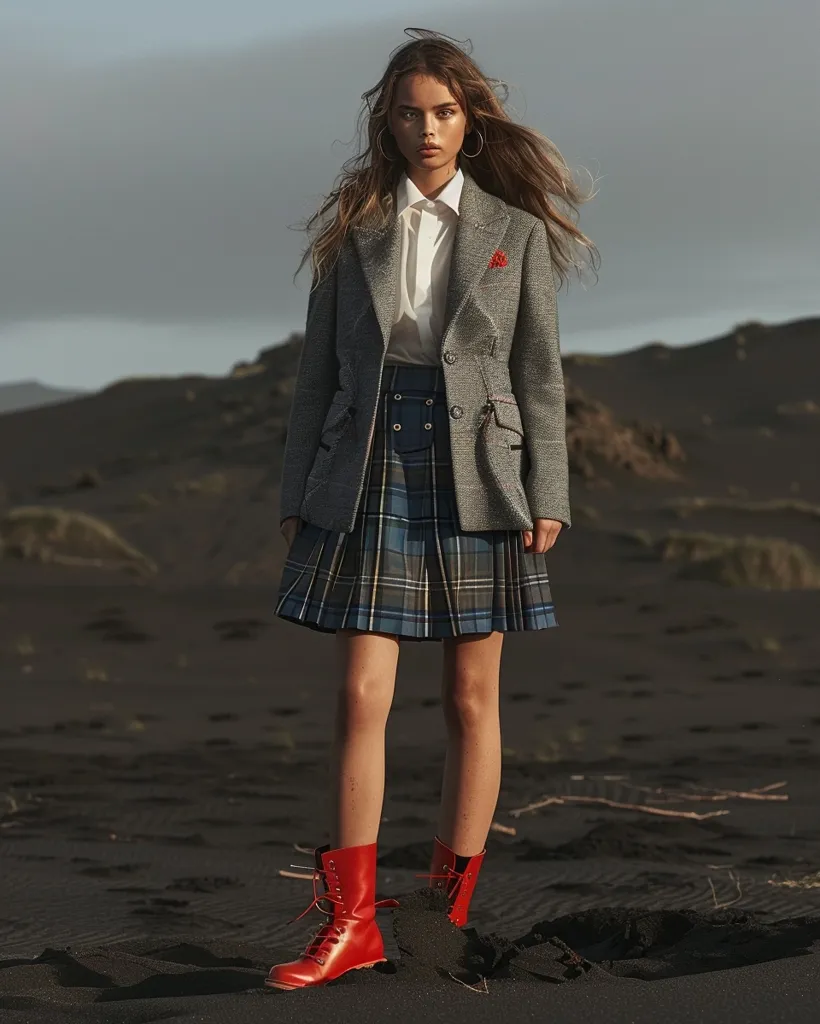 A young woman with long blonde hair stands on a black sand beach, her back to the camera. She wears a gray blazer over a white collared shirt, a plaid skirt, and bright red lace-up boots. Her expression is serious and her hair flows in the wind. The setting is desolate and the woman's attire gives a sense of  rebelliousness.