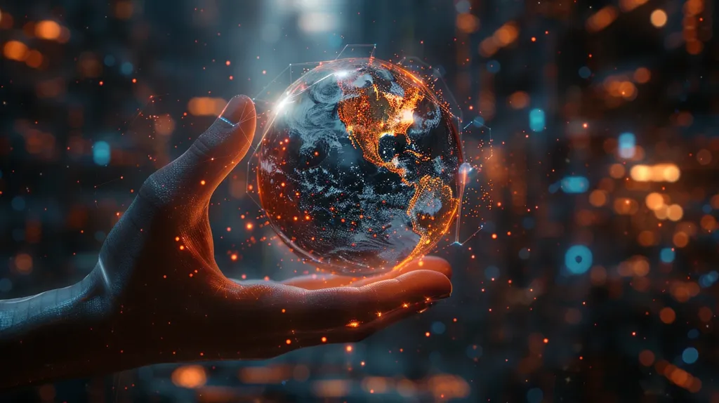 A glowing, digital Earth is cradled in an outstretched hand. The globe is surrounded by a network of lines and dots, suggestive of global connectivity.  The background is a blur of warm and cool light, creating an otherworldly feel. The image symbolizes the power and interconnectedness of the planet.