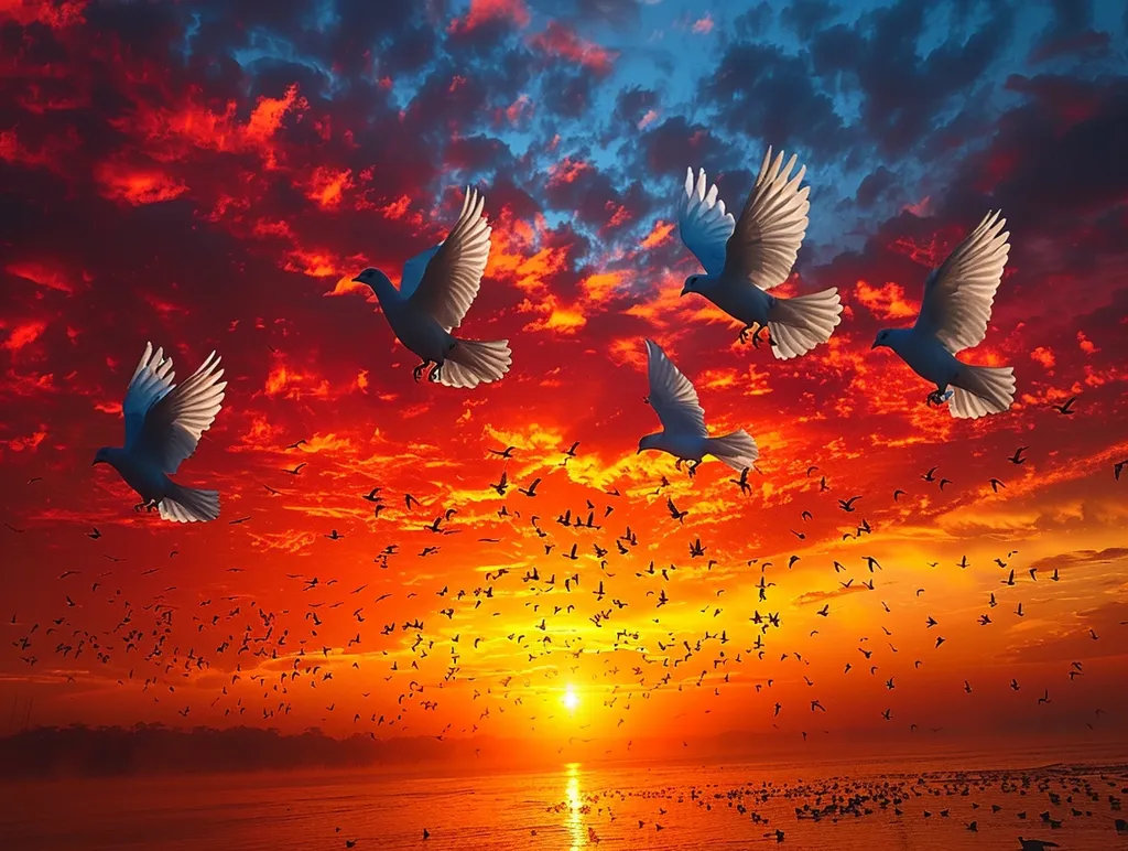 A breathtaking sunset paints the sky with vibrant hues of orange, red, and purple. A flock of birds soars gracefully through the air, silhouetted against the fiery backdrop. Five large doves stand out, their wings outstretched as they fly towards a hopeful horizon. The scene evokes a sense of peace, freedom, and the beauty of nature.