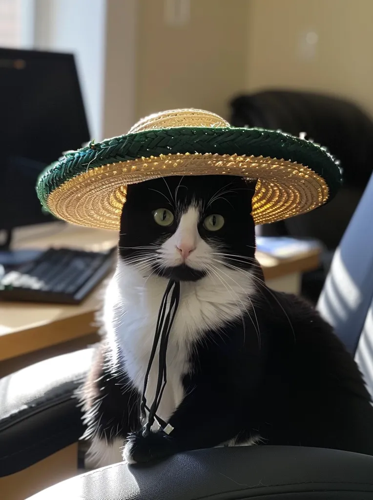 A black and white cat wearing a large, straw sombrero with a green band, sits in a black office chair. The cat is looking at the camera and has a serious expression on its face. It's holding the sombrero's chin strap in its mouth.  There is a computer screen and keyboard in the background, but the focus is on the cat. The image is a humorous portrayal of a cat in a human-like situation.