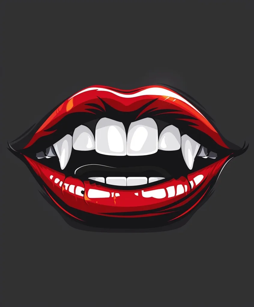 A close-up of a pair of red lips with sharp white fangs protruding from the mouth. The lips are full and glossy, and the fangs are pointed and sharp, giving the image a menacing appearance. The image is set against a dark grey background.