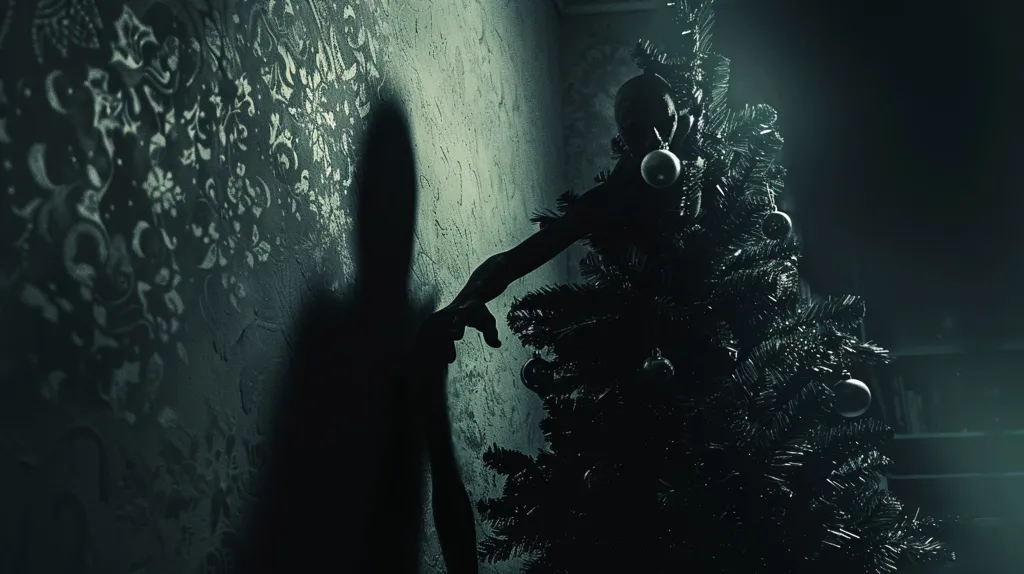 A shadowy figure, partially concealed behind a Christmas tree, reaches out with a single hand towards a textured wall. The room is dimly lit, creating an eerie and mysterious atmosphere.  The figure's face is obscured by darkness, leaving their identity unknown.  The dark green tones and the ominous presence create a sense of unease.