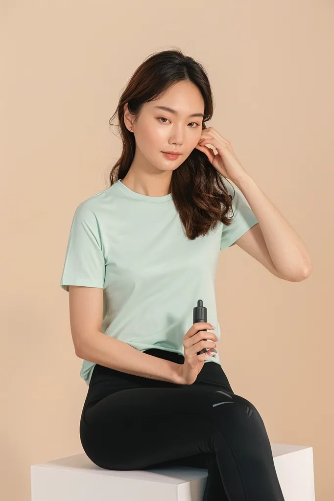 A young woman with long dark hair is sitting on a white platform. She is wearing a light green t-shirt and black leggings. Her right hand is holding a black dropper bottle. She is looking directly at the camera with a soft smile. The background is a soft beige.  She has a relaxed and casual pose.