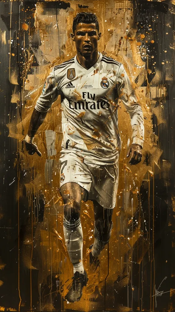 The image is a portrait of Cristiano Ronaldo, a famous soccer player, in a white Real Madrid jersey with gold accents.  He is walking towards the viewer, with his left foot slightly raised, looking straight ahead with a determined expression. The background is a mix of abstract gold and black textures, creating a dynamic and edgy feel.  The image is done in a stylized, almost graffiti-like style, with bold lines and splashes of color.  The overall effect is one of power and intensity.