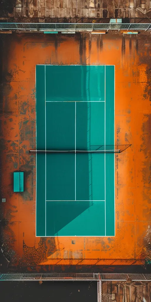 The image shows an aerial view of a tennis court. The court is surrounded by a rusty orange fence, and the green surface is divided by white lines. A black metal net stretches across the court, and a blue bench sits on the orange ground. The photo captures a sense of solitude and the beauty of simple structures.