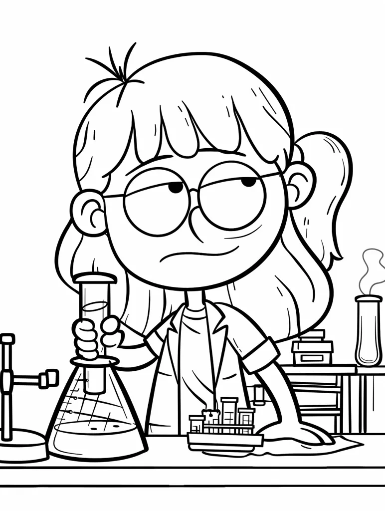 A cartoon girl with glasses and a lab coat is holding a beaker in one hand and looking at a small model ship with the other. She is in a science lab setting with a Bunsen burner and beakers on a table. The girl has a serious expression on her face. The image is drawn in black and white.