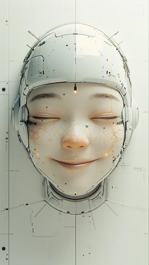 The image shows a close-up of a robotic face. It has a white, helmet-like structure with wires and intricate details. The face is smooth and features closed eyes and a slight smile. The background is a white, metallic surface with technical markings. The image has a futuristic and robotic aesthetic.