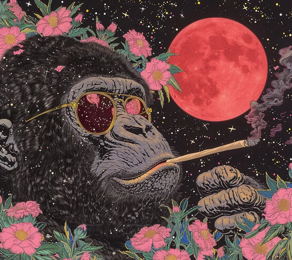 The image depicts a gorilla wearing sunglasses and smoking a joint, set against a backdrop of a starry night sky with a large red moon.  Pink flowers surround the gorilla, adding a touch of vibrant color to the scene. The image has a psychedelic and surreal feel, with a focus on the gorilla's relaxed and contemplative expression.