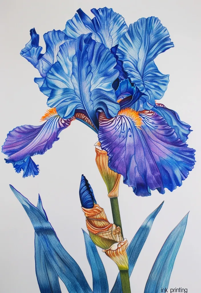 A detailed pencil drawing of a single blue iris flower. The petals are large and ruffled, with a hint of purple at the base. The flower is in full bloom, and there is a bud on the stem below it. The leaves are long and slender, and the stem is green. The drawing is rendered with a high level of detail, and the colours are vibrant and realistic. The background is white.