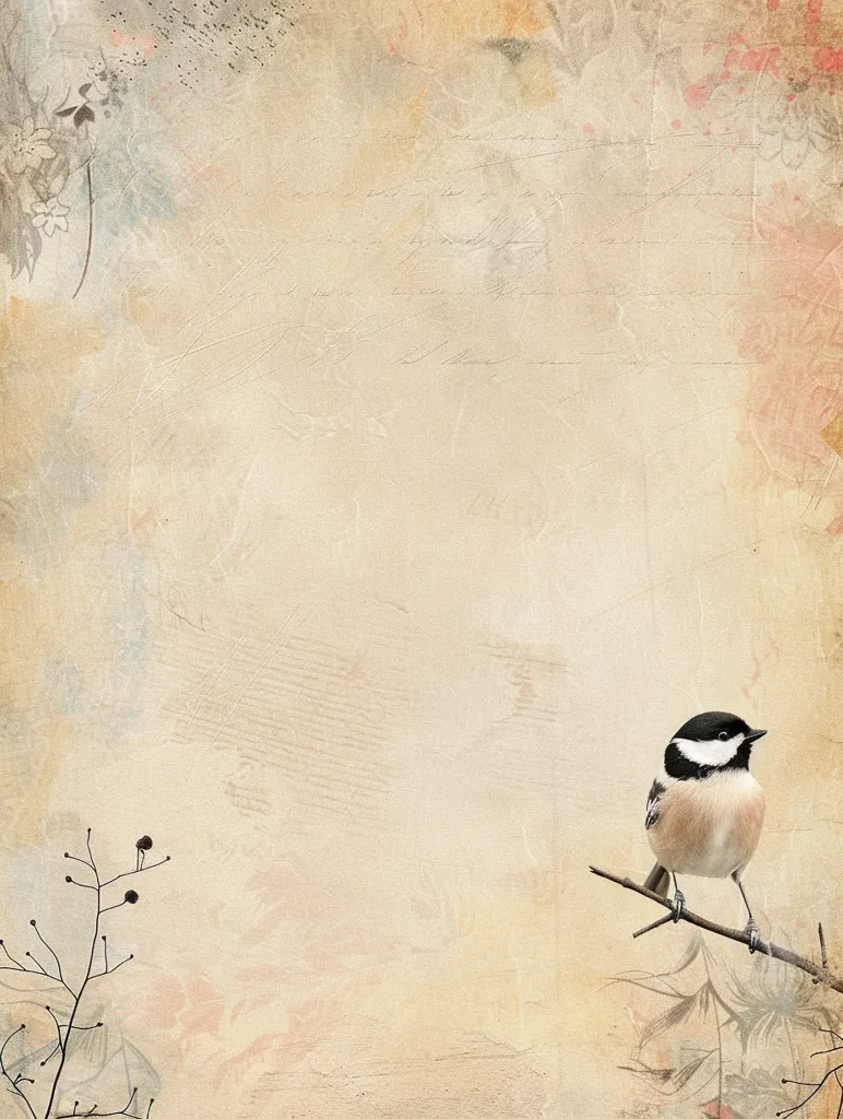 The image is a vintage-style background with a delicate, muted color palette.  A single bird perches on a branch in the bottom right corner, its black and white markings standing out against the beige backdrop. The background features subtle textures and faded floral patterns, creating a sense of nostalgia and age.  The overall feel is serene and peaceful, evoking a sense of quiet contemplation.