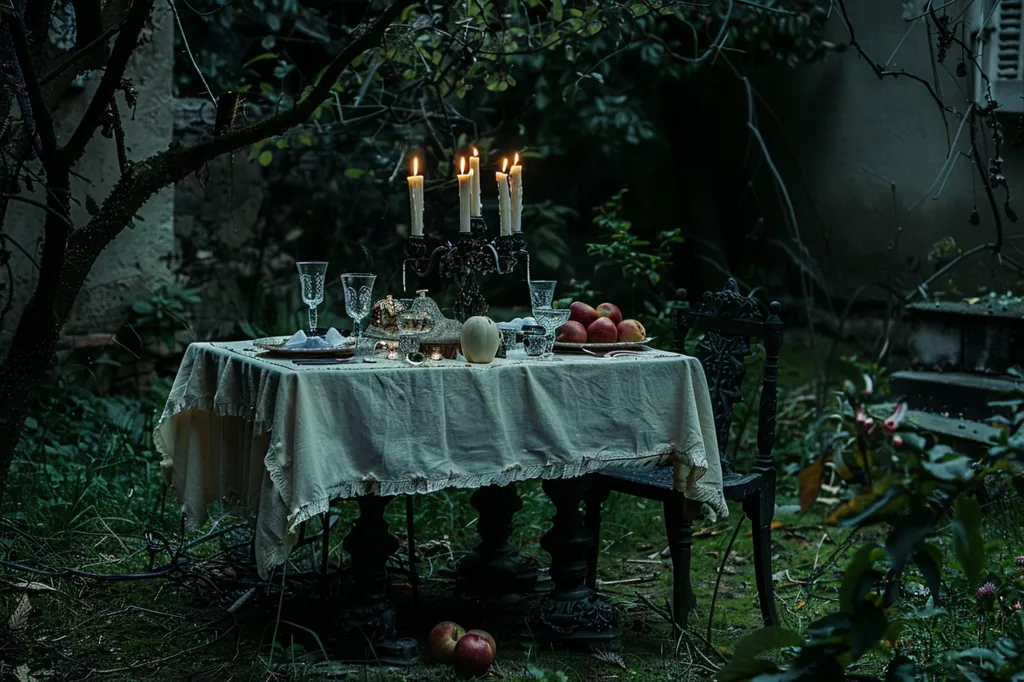 A dimly lit, antique dining table sits in a secluded forest clearing. A white tablecloth draped over the table is adorned with candles, glasses, plates, and a bowl of fruit. The dark and mysterious atmosphere is heightened by the flickering candlelight and the overgrown foliage surrounding the table. The scene evokes a sense of intrigue and perhaps a touch of danger.